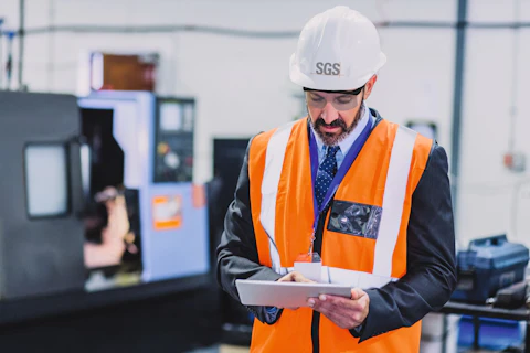 Cropped shot of a focused male engineer wearing safety gear while doing an inspection on machinery inside of a workshop